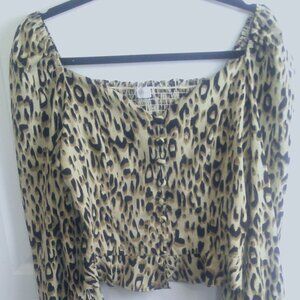 Vestique Leopard Print Button down bustier scrunch shoulder peplum top Size
